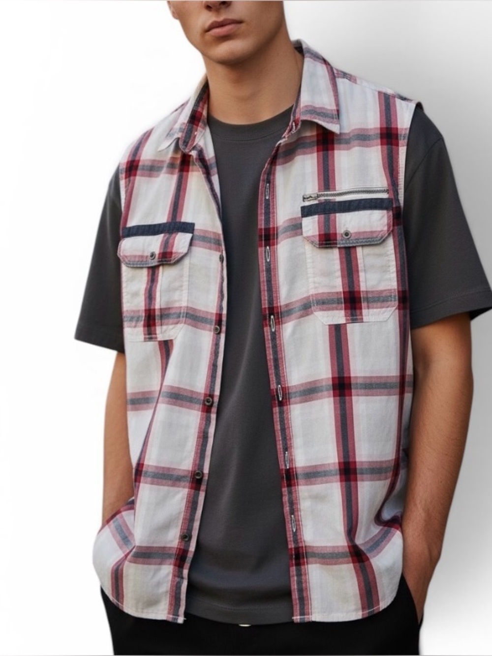 by Guess Men's XL Sleeveless Plaid Button-Down Shirt - Red/White/Black